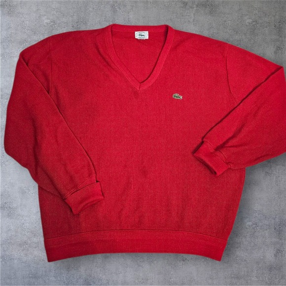 Vintage IZOD Lacoste Red V Neck Sweater Mens XL Orlon Acrylic Crocodile Logo F84 - Picture 1 of 9